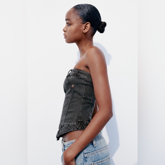 NWT Zara Black Denim Strapless Corset Top with Silver Buttons Size Medium - Picture 2 of 9